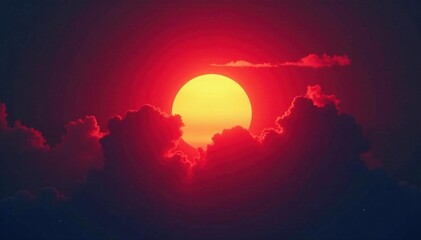 Crimson sun bursts through heavy, brooding clouds, background, morning, contrast