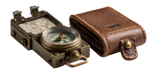 Vintage Compass and Leather Case with Map Background Isolated on Transparent Surface