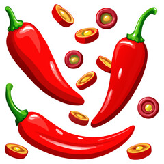 Spicy Red Chili Pepper Collection with Whole Pods and Sliced Rings Isolated on Transparent Background.