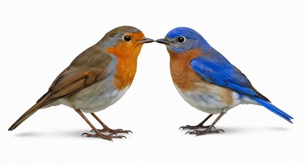 Obraz premium Vibrant colorful songbirds tenderly meet beaks against a pristine white backdrop highlighting their distinctive plumage