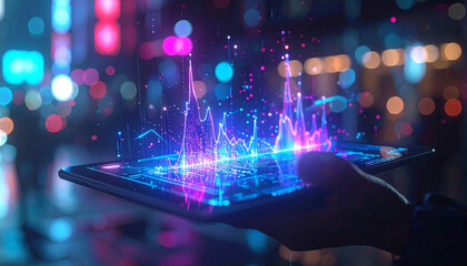 Digital Data: A close-up of a person holding a tablet projecting a dynamic holographic display of fluctuating data streams, representing the cutting edge of technology.