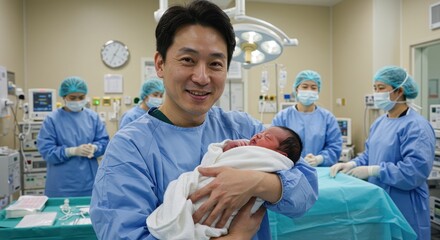 Smiling doctor holding newborn baby in hospital setting