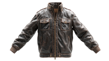 Distressed brown leather jacket, front view