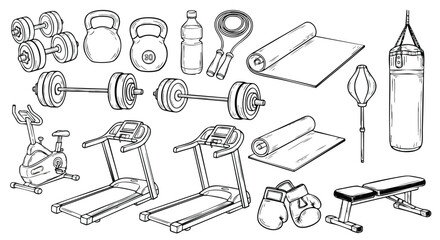 A collection of hand-drawn fitness equipment, illustrating various exercise tools for workouts and training.