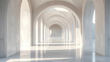 Fototapeta premium Arched White Hallway with Light and Shadow Architectural Design Concrete Building with Arches and Pillars Sunlight and Reflections Corridor Interior Design