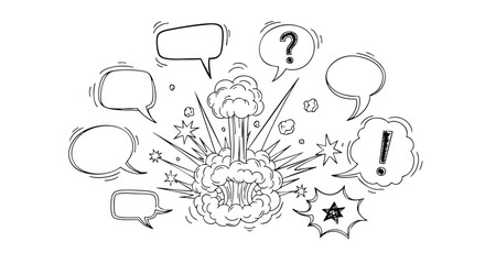 Comic-style illustration of an explosion surrounded by speech bubbles, expressing various reactions.