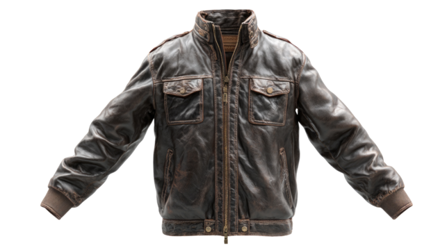 Distressed brown leather jacket, front view