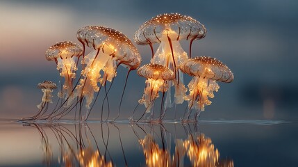 Glowing jellyfish drift along the shore, reflecting on calm water against a dusky blue sky