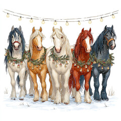  Five Horses Standing with Festive Holiday Garlands and Snowflakes Falling