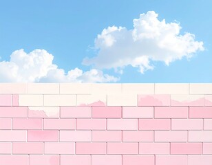 A pink brick wall with patches of faded color against a bright blue sky & fluffy clouds
