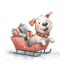  Dog in Holiday Sleigh with Presents Watercolor Painting