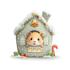  Whimsical Watercolor of Hamster Peeking from a Decorated Holiday Gingerbread House