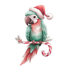  Festive parrot wearing a Santa hat and holding a candy cane branch