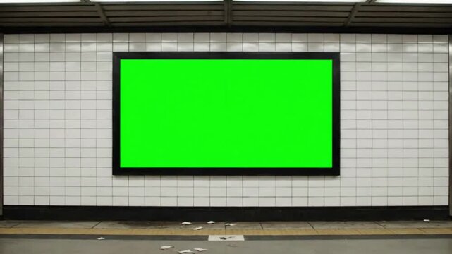 Greenscreened billboard in tiled subway litter on floor