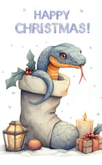  Holiday greeting card showing snake emerging from a stocking