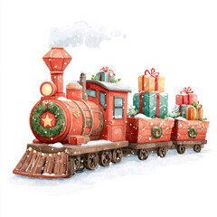  Watercolor Christmas Train with Presents and Holiday Decorations in Snowy Landscape