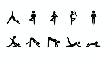 Stick figures demonstrate various yoga poses, illustrating different body positions and exercises.