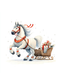  White Horse Pulling Sleigh with Wrapped Presents on Snowy Surface for Christmas