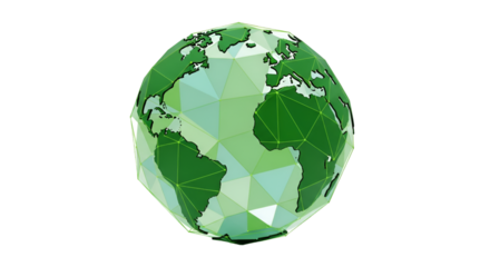 earth made of geometric polygons in green shades, white background.