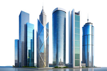 Naklejka premium Modern city skyline with various architectural styles and reflective glass facades representing urban development and economic growth on a black background