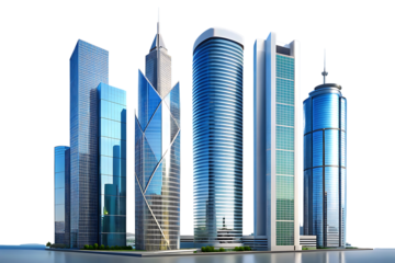 Modern city skyline with various architectural styles and reflective glass facades representing urban development and economic growth on a black background