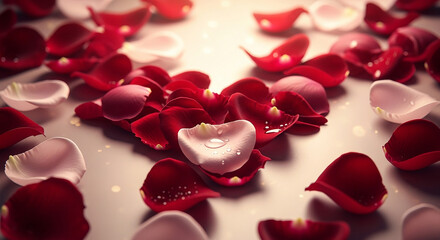 Heart shape made of red and white rose petals on a textured surface