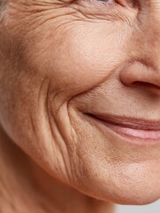 Obraz premium Focused image of the elderly's cheeks, showing wrinkles when smiling, emphasizing natural texture, white background