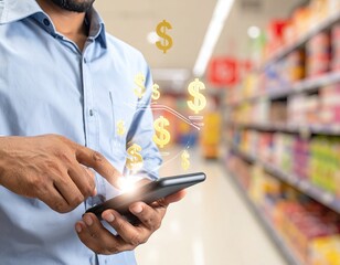 A man uses a phone in a store, dollar symbols floating near it, suggesting savings