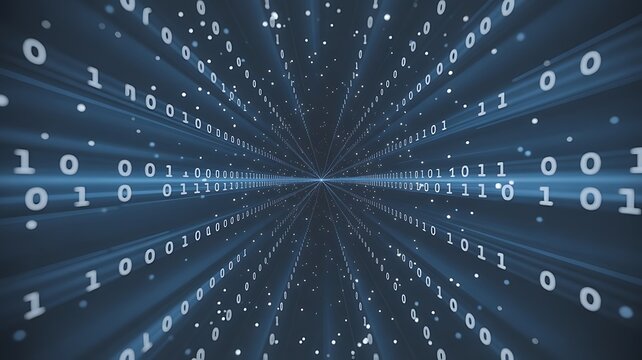 Digital data stream of binary code flowing into a central point technology abstract