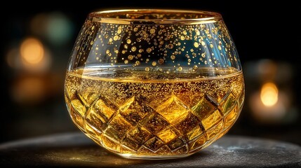 Golden liquid in a crystal glass with decorative accents on a dark, blurred background