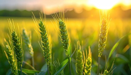 Close Up of Wheat Ears in a Golden Field During Sunset Agriculture and Nature Concept