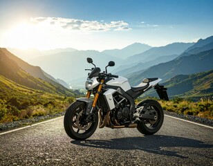 motorcycle in the mountains at sunrise