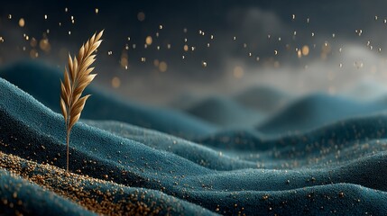 Golden wheat stalk on blue textured dunes, shimmering bokeh lights adorn the dreamy, ethereal scene
