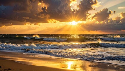 Coastal Sunset Radiance with Golden Light Reflections on Ocean Waves and Beach Sand Under Cloudy Sky