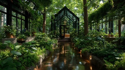 Greenhouse interior with lush plants, sunlight, glass walls, and a reflective water feature running through it