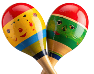 Two colorful, hand-painted percussion instruments with smiling faces against black