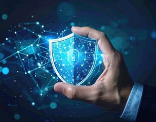 Hand holding a glowing, futuristic shield in front of a network of connected nodes