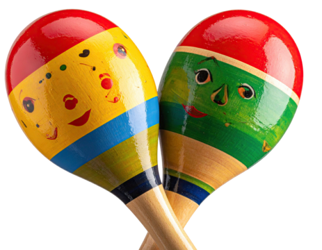 Two colorful, hand-painted percussion instruments with smiling faces against black - Powered by Adobe