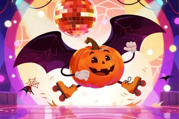 Joyful Halloween pumpkin character with bat wings skates on a disco dance floor under a sparkling mirror ball