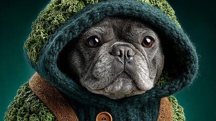 Grey pug with a green knit hood and tan accents against a dark teal background, close-up shot