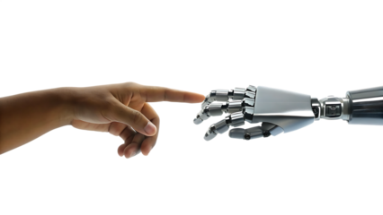 Human finger touching robotic hand isolated on a transparent background.PNG