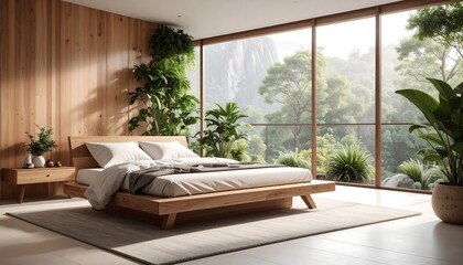 Modern wooden bedroom with mountain view