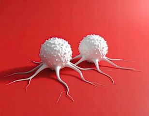 Two white cell-like structures with spiky surfaces and tendrils on a red background