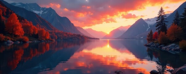 Fiery sunset paints Hintersee's calm waters, reflecting vibrant autumn foliage , golden hour, serene, Bavaria