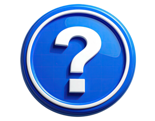 A glossy, blue button with a white question mark centered