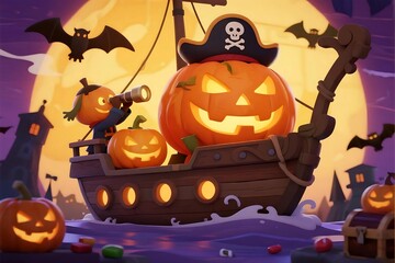 Spooky Halloween pumpkin pirate ship sailing under full moon with bats and treasure for holiday fun