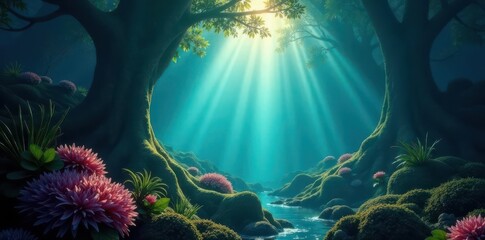 First light illuminates kelp forest, shadows dance Mystical, ethereal ambiance , ethereal, ocean