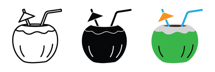 Tropical coconut drink with umbrella and straw line art and silhouette