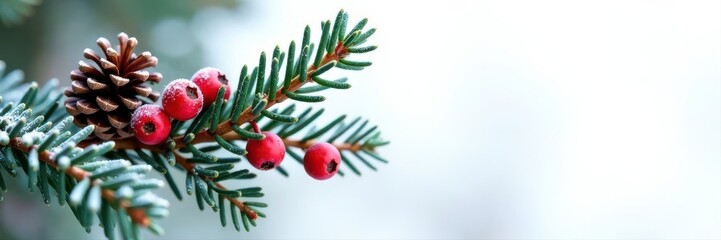 Frosted pine branch, red berries, pine cones, snowy white background, graphics, pine cones, backdrop