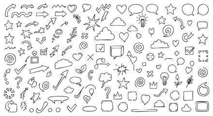 A collection of hand-drawn, black and white doodle illustrations and design elements.